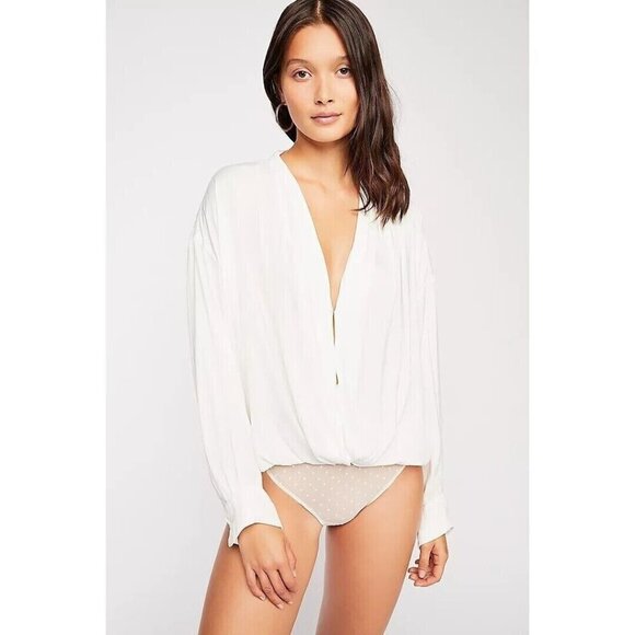 NWT FREE PEOPLE INTIMATELY Ivory White Lady Like Lady Bodysuit Draped Top LARGE - Picture 1 of 10